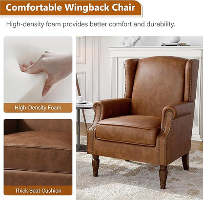 Faux Leather Wingback Accent Chairs Set of 2, High Back Upholstered Armchair, Comfy Fabric Wingback Arms Chairs with Solid Wood Legs, Single Sofa Reading Chair for Bedroom Living Room, Brown