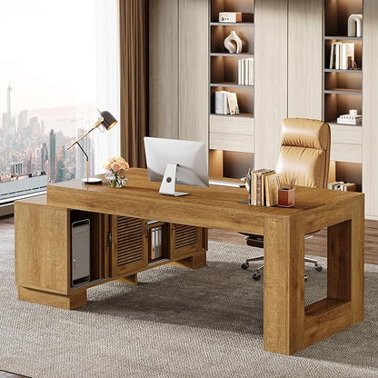 Tribesigns L Shaped Executive Desk with Storage Cabinets and 2-Tier Shelf, 63-Inch Simple Modern Business Furniture Large Computer Writing Table Workstation for Home Office, Dark Brown