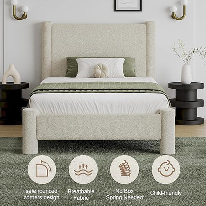 Twin Size Bed Frame, Boucle Upholstered Platform Bed with Headboard and Footboard, Soft Rounded Corners, No Box Spring Required, Easy Assembly, Cream