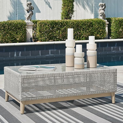 Signature Design by Ashley Seton Creek Casual Resin Wicker Outdoor Coffee Table with Tempered Glass Tabletop, Light Gray & Light Brown