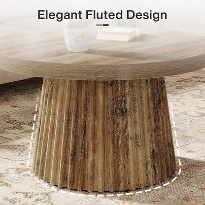 Tribesigns Coffee Table, 31.5" Small Farmhouse Round Coffee Tables with Fluted Drum Base, Mid Century Modern Boho Accent Center Table for Living Room, Apartment, Small Space, Brown