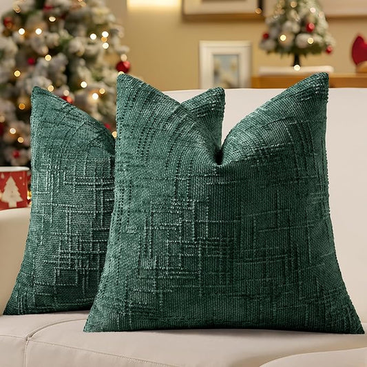decorUhome Christmas Green Chenille Throw Pillow Covers 26x26 Set of 2 Thick Textured Slubby Couch Pillow Covers Farmhouse Accent Modern Neutral Decorative Pillow Cases for Bed Sofa Living Room