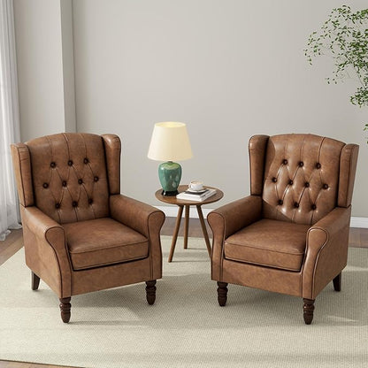 Accent Chair, Upholstered Armchair with Button Tufted High Back & Solid Wood Legs, Comfy Wingback Reading Single Sofa Chair for Small Spaces, Living Room, Bedroom-Leather Brown, Set of 1