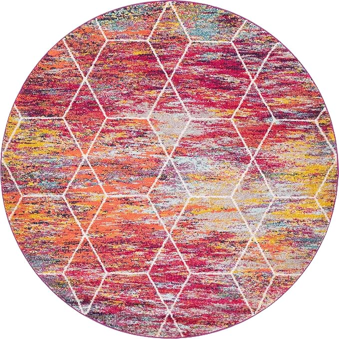 Unique Loom Trellis Frieze Collection Area Rug - Geometric (7' Round, Multi/ Ivory)