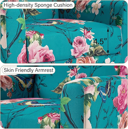 Accent Chair, Modern Linen Blend Arm Chair for Living Room, Bedroom, Comfy High-Resilient Sponge Reading Chair for Small Spaces (Pattern Floral Blue, Set of 2)