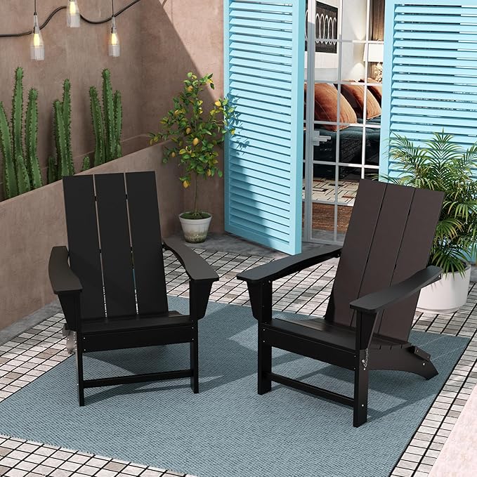 Costaelm Folding Adirondack Chairs, Outdoor Patio Adjustable Lawn Chairs, Weather Resistant Outside Firepit Chairs for Porch, Poolside, Garden, Backyard Deck, Black