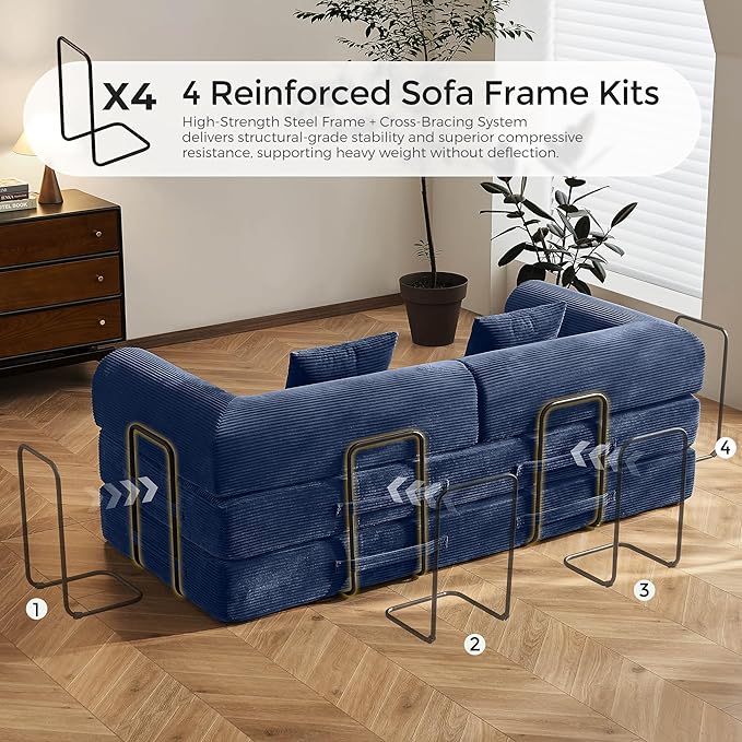 79" Convertible Sofa Bed with Fixed-Shape Frame & Removable Armrests, Modular Corduroy Sleeper Sofa, Folding Mattress Couch for Small Spaces - No Assembly Needed in Navy Blue (Includes 2 Pillows)