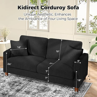 70in Corduroy Couch, Kidirect Sofa No Tool Assembly, Comfy Couches for Living Room 21in Deeper Seats, Corduroy Sofas for Living Room with 2 Pillows, Oversized Loveseat Sofa, Boho Love Seat Black Couch