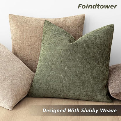 Foindtower Pack of 2 Soft Textured Chenille Throw Decorative Pillow Covers Square Accent Solid Cushion Cover Cozy Neutral Farmhouse Pillow Case for Couch Sofa Bedroom Living Room 26x26 Inch,Dark Green