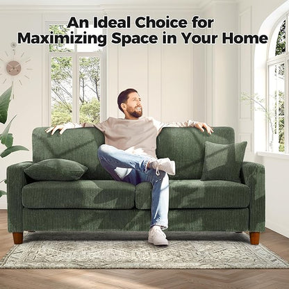 70in Corduroy Couch, Kidirect Sofa No Tool Assembly, Comfy Couches for Living Room 21in Deeper Seats, Corduroy Sofas for Living Room with 2 Pillows, Oversized Loveseat Sofa, Boho Love Seat Green Couch