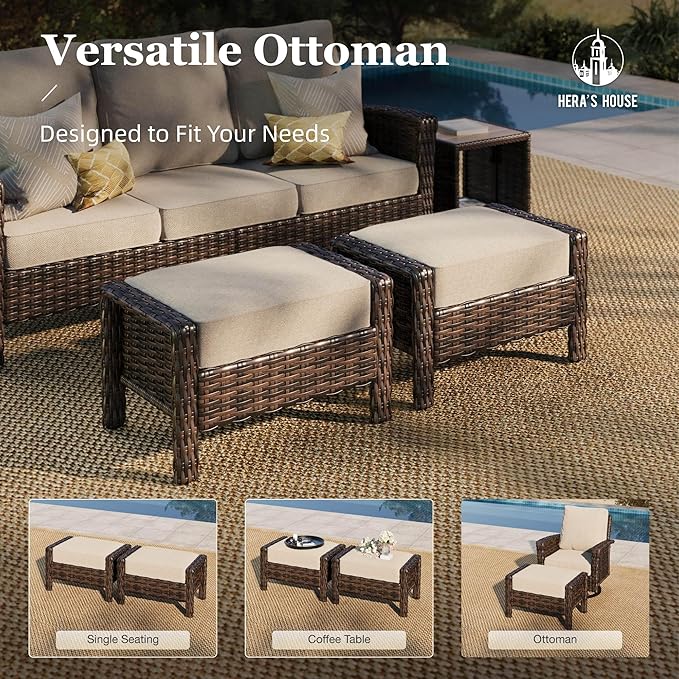 HERA'S HOUSE Patio Furniture Set with 35" High Back Swivel Chairs, Outdoor Wicker Conversation Sofa Sets, 5.5" Thick Cushions for Deck Lawn Poolside Backyard, Beige