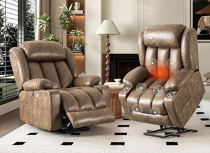 HUSFU Oversized Power Lift Recliner Chairs for Elderly with Massage and Heat, Extra Wide Recliners,Breathable Leather Lift Chairs w/Cup Holders, USB & Type-C Ports, Brown,2PCS