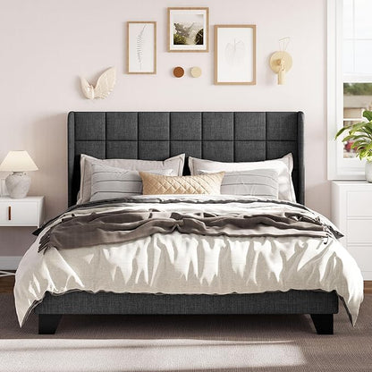 Allewie Queen Size Platform Bed Frame with Wingback, Fabric Upholstered Square Stitched Headboard and Wooden Slats, Mattress Foundation, Box Spring Optional, Easy Assembly, Dark Grey
