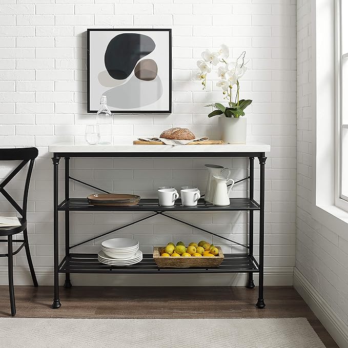 Crosley Furniture Madeleine Sofa Console Table with Storage Shelves for Hall, Entryway, or Living Room, Steel with Faux Marble Top