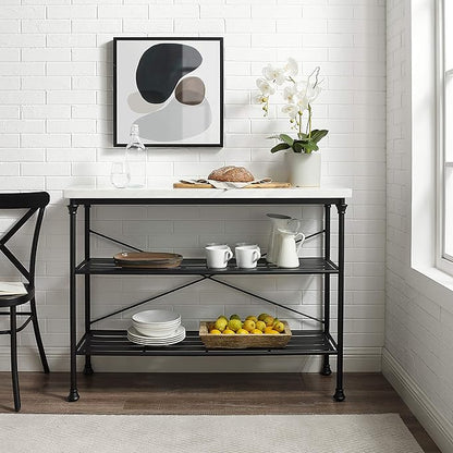 Crosley Furniture Madeleine Sofa Console Table with Storage Shelves for Hall, Entryway, or Living Room, Steel with Faux Marble Top