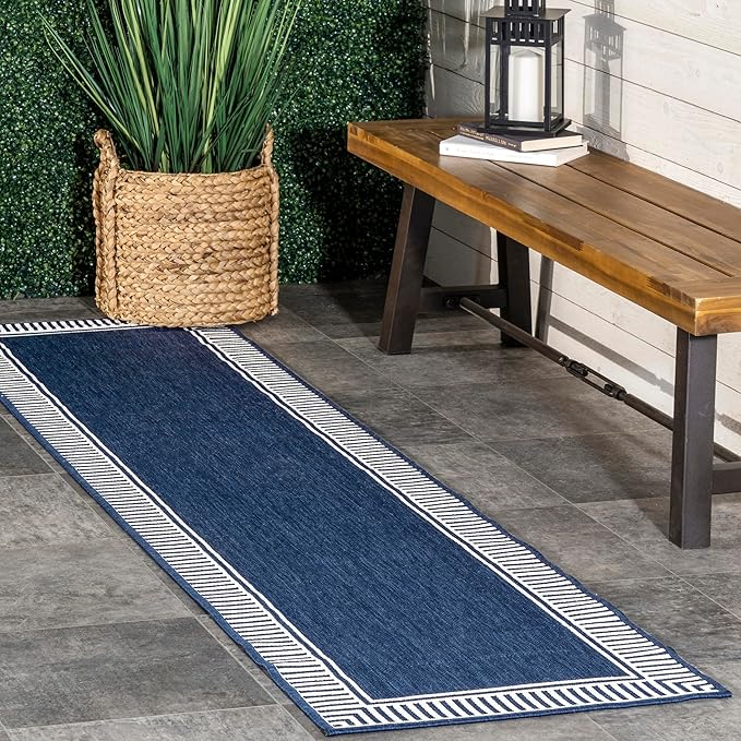 nuLOOM 2' x 6' Outdoor/Indoor Asha Area Rug, Asha Navy, Casual Design with Striped Border, Stain Resistant, Highly Durable, for Patio, Balcony, Bedroom, Living Room, Dining Room, Bathroom