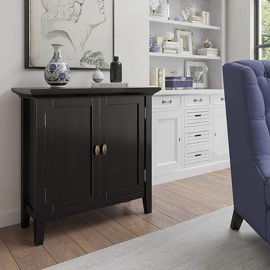 SIMPLIHOME Redmond SOLID WOOD 32 inch Wide Transitional Low Storage Cabinet in Hickory Brown for the Living Room, Entryway and Family Room