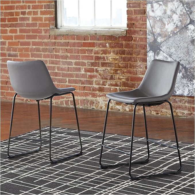 Signature Design by Ashley Centiar Modern Faux Leather 23.75" Counter Height Bucket Seat Barstool, Tubular Metal Base, Footrest for Comfort, Set of 2, Gray
