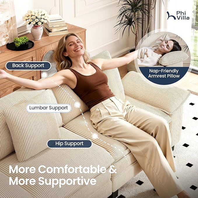 PHI VILLA Cloud Modular Couch Sets, 123.6" Sectional Sofa with L-Shaped Chaise, 4-Seater Upholstered Couches with Movable Ottoman for Living Room, Corduroy Fabric, Beige