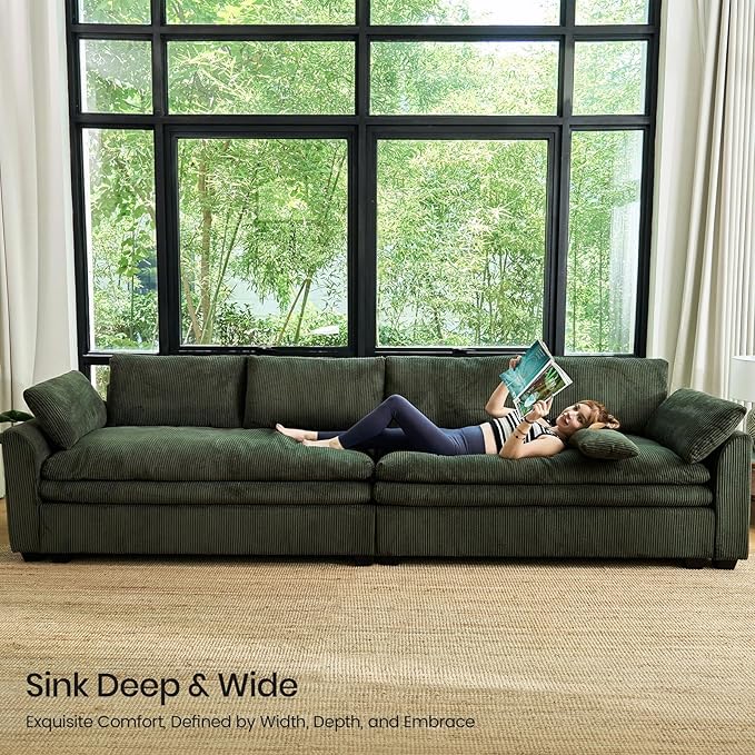 Belffin Large Modular Sectional Sofa with Double Deep Chaise and Loveseat, Corduroy U Shaped Couch with 9" Soft Dual-Layer 9 Seats Cushion for Living Room, Apartment, Green