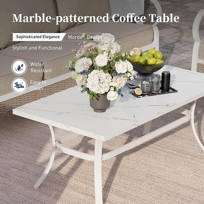 6 Piece Metal Outdoor Patio Furniture Set, Patio Conversations Set 3-Seater Sofa, 2-Seater Sofa, 2 Swivel Chair with 5.75" Thick Cushion & Coffee Table White Backyard Furniture, Beige