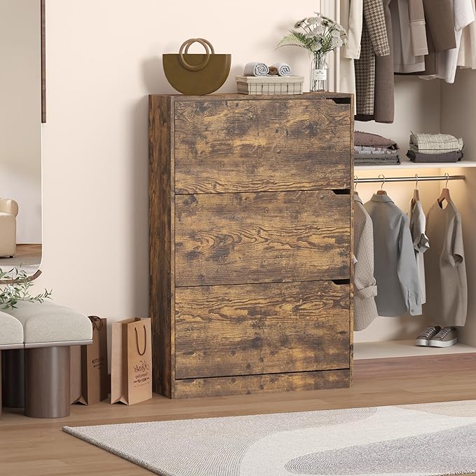Shoe Storage Cabinet with 3 Flip Drawers, Slim Hidden Wood Shoe Cabinet Storage for Entryway, Freestanding Narrow Shoe Rack Organizer with Adjustable Shelves for Foyer, Hallway, Brown