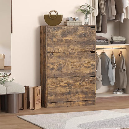 Shoe Storage Cabinet with 3 Flip Drawers, Slim Hidden Wood Shoe Cabinet Storage for Entryway, Freestanding Narrow Shoe Rack Organizer with Adjustable Shelves for Foyer, Hallway, Brown