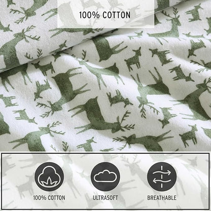 Eddie Bauer - Flannel Sheets Queen Size, Anti-Pilling & Wrinkle Resistant Cotton, Touchably Soft for All-Season Comfort - Bed Sheets with Matching Pillowcases & Fitted Sheet (Deer Camp Green)