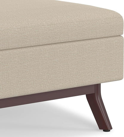 SIMPLIHOME Owen 34 inch Wide Mid Century Modern Rectangle Coffee Table Storage Ottoman in Natural Linen Look Fabric, Assembled, for the Living Room, Entryway and Family Room