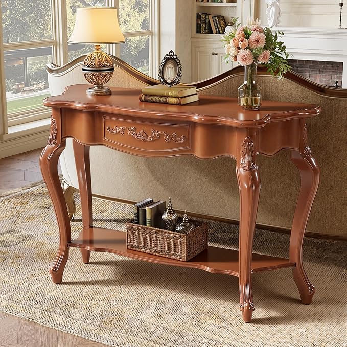 Tribesigns 47.2-Inch Console Table with Solid Wood Veneer, Mid-Century Modern Entryway Table with Shelves, Victorian Furniture for Living Room, Hallway, Entrance, Foyer (Walnut)