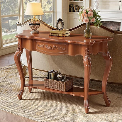 Tribesigns 47.2-Inch Console Table with Solid Wood Veneer, Mid-Century Modern Entryway Table with Shelves, Victorian Furniture for Living Room, Hallway, Entrance, Foyer (Walnut)