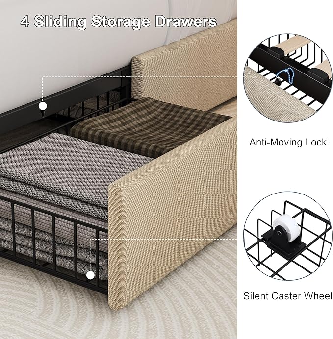 Full Size Upholstered Platform Bed Frame with 4 Storage Drawers and Charging Station, Linen Button Tufted Wingback Headboard, Sturdy Wooden Support Slats, No Box Spring Needed, Beige