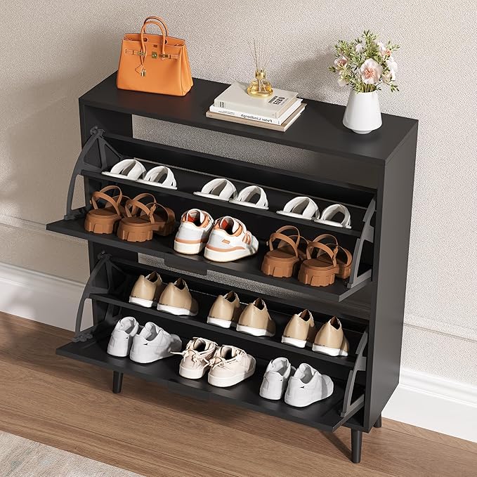 Shoe Cabinet for Entryway with 2 Flip Drawers, Slim Wooden Shoe Storage Organizer with Modern Fluted Pannel，Freestanding Narrow Hidden Shoe Rack for Hallway, Foyer, Living Room