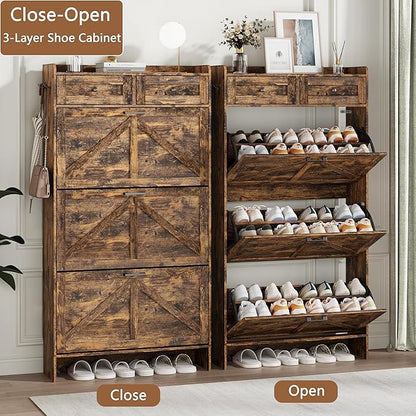 Shoe Cabinet with 3 Flip Drawers & 2 Top Drawers, 57" Tall Freestanding Narrow Wooden Shoe Storage Organizer for Entryway, Hidden Slim Shoe Rack for Front Door Entrance, Hallway, Living Room, Brown