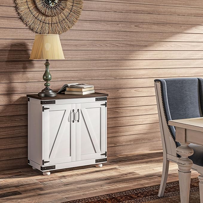 HOMCOM Modern Sideboard, Buffet Cabinet with Barn Door and Adjustable Shelf, Kitchen Pantry Cabinet, Distressed White and Brown