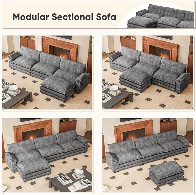 Furniwell Modular Sectional Sofa with Moveable Ottoman, Oversized 3-Seater Couch with Supportive Backrest, Chenille Convertible Sofa Couches for Living Room/Apartment (Grey, L Shaped)
