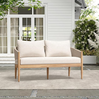 Christopher Knight Home Katarina Patio Acacia Wood Loveseat Furniture, Outdoor Loveseat Sofa with Comfy Fabric Cushions, 2-Seater Sofa with Handwoven Rope Backrest for Garden, Light Brown+Beige