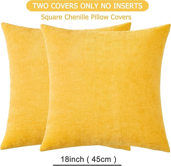 GAWAMAY Decorative Square Throw Pillow Covers 18"x18" Inch Set of 2, Super Soft Chenille Pillows Farmhouse Fall Pillowcase for Living Room Bedroom Sofa Couch Cushion Cover Mustard Yellow 45x45cm