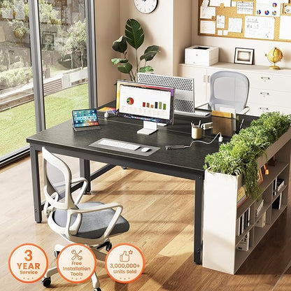 Huuger 55 x 24 inch Desk with Power Outlets & USB-C, Deeper & Thicker Desktop, Robust Metal Tubes, Computer Desk, Heavy Duty Office Desk, Work Gaming Desk for Home Office, Black