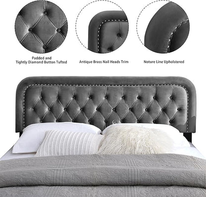 Tufted Upholstered Headboard,Button Solid Wood HeadBoards with Adjustable Height,Modern Performance Velvet Bed Head Boards,Easy Install&Nailhead (Grey, Full)