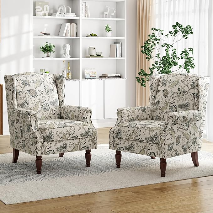 Pia Ricco High Back Floral Accent Chair - Retro Wingback Upholstered Armchair with Nailhead Trim, Solid Wood Legs, Fabric Living Room Bedroom Reading Chair (Plants Beige)