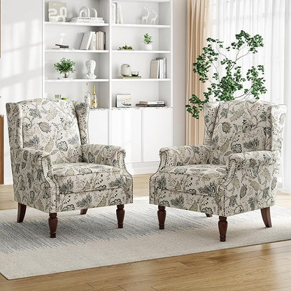Pia Ricco High Back Floral Accent Chair - Retro Wingback Upholstered Armchair with Nailhead Trim, Solid Wood Legs, Fabric Living Room Bedroom Reading Chair (Plants Beige)