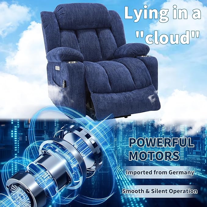 Power Lift Chair for Elderly, Electric Recliner Chair with 8-Point Vibration Massage and Lumbar Heating with Charging Ports, Cup Holders, Standing Assistance Reclining - Bright Blue