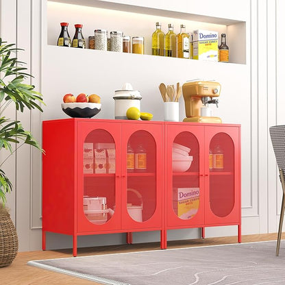 Metal Storage Cabinets with Doors and Shelf, Small Closet with High Feet, Display Cabinets with 2 Mesh Doors, Red Dresser for Home, Office, Living Room,Dining Room,Sideboard, Hallway and Entryway