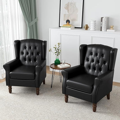 High Back Accent Chairs Set of 2, Faux Leather Wingback Chair for Living Room, Button-Tufted Upholstered Armchair with Solid Wood Legs, Comfy Single Sofa Reading Chair for Bedroom, Black