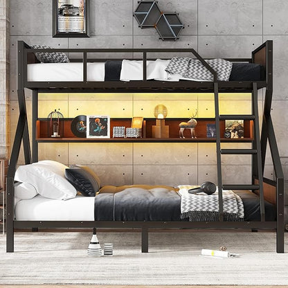 Bellemave Twin XL Over Queen Bunk Bed with Storage Shelf and RGB LED Lights, Adults Bunk Bed with Angle Padded Ladder, Heavy Duty Bunk Beds with Noise-Reducing Rubber Stoppers, Black
