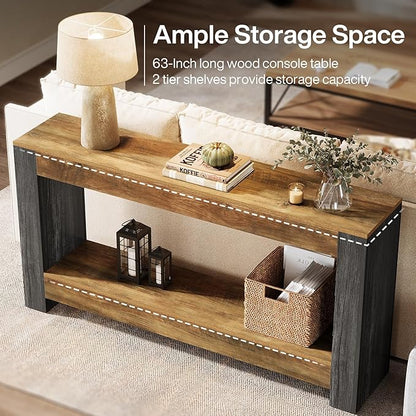 Tribesigns 63-Inch Long Console Table for Entryway, Farmhouse Wood Sofa Table Behind Couch for Living Room, Hallway, Entrance, Foyer, Rustic Brown & Black