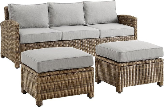 Crosley Furniture Bradenton 3-Piece Outdoor Sofa Patio Furniture Set, Wicker Conversation Sets for Porch, Brown with Gray Cushions