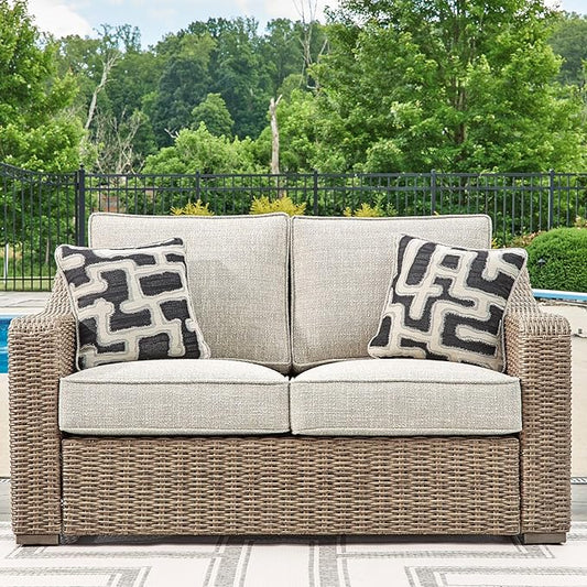 Signature Design by Ashley Beachcroft Casual Nuvella Weather Resistant Fabric, Resin Wicker Outdoor Loveseat with Cushion and 2 Accent Pillows, Dark Brown & Beige