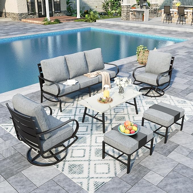 Sophia & William Patio Furniture Sets 7 Seats Outdoor Conversation Set 6 Pcs,2 x Cushioned Swivel Sofa Chairs,1 x 3-Seat Sofa,2 Ottomans, Marbling Metal Coffee Table Patio Backyard Poolside Grey